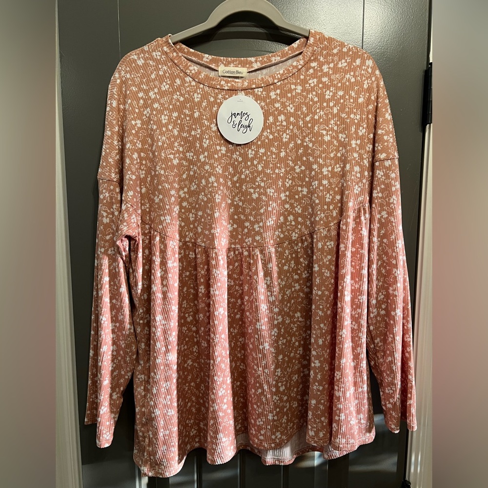 Cotton Bleu boutique shirt, rust color, white pattern, NWT, Size M